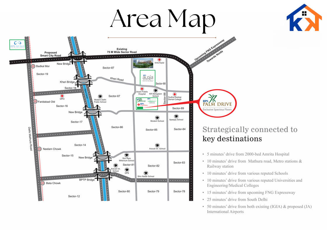 Area map showing the connectivity of RPS Palm Drive in Sector 88 Faridabad